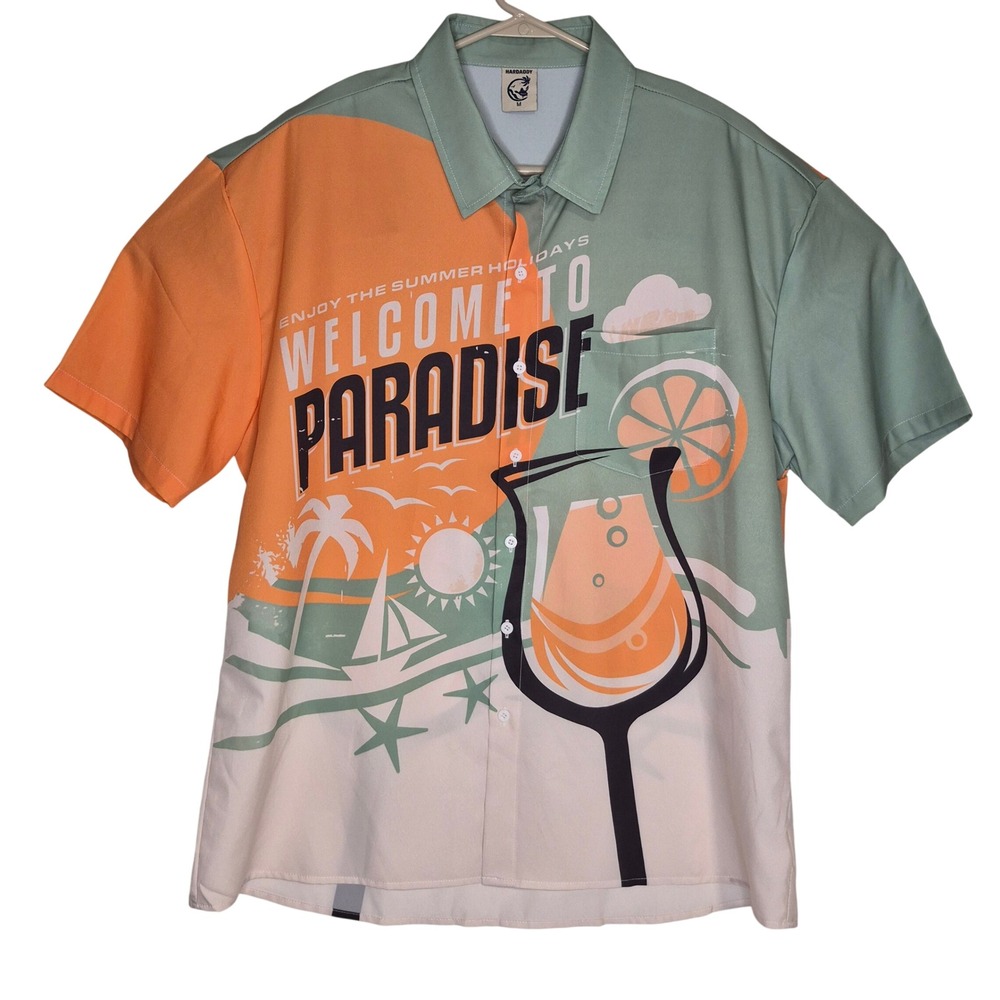Hardaddy Button Up Shirt Mens Medium Orange Green Welcome To Paradise Tropical‎